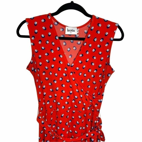 Leota Red Faux Wrap Jersey Dress w/ Blue Polka Dots Size Medium (J6) - Picture 4 of 9